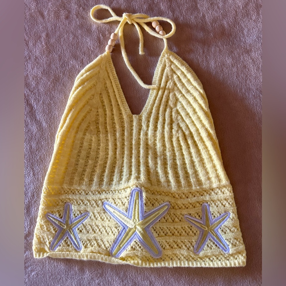 Yellow Crochet Knit Halter Crop Top w/Starfish Design Size Small New Without Tag